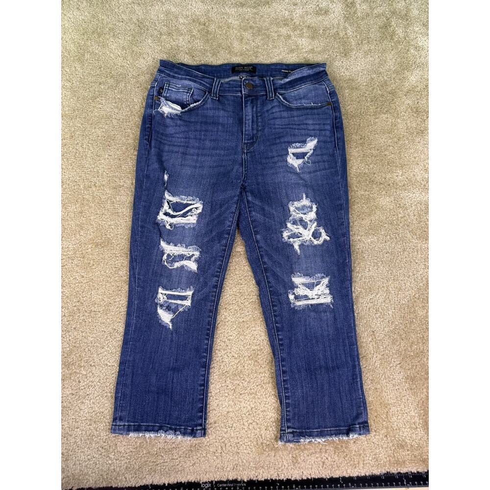 Judy Blue Skinny Fit Capri Jeans Women 9/29 Blue Stretch Distressed Whisker C985